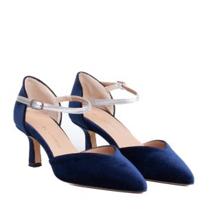Scarpa Velluto Blu Cinturino Tacco Medio
