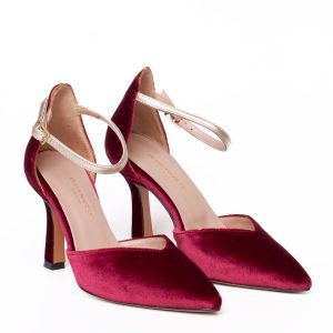 Scarpe tacco velluto bordeaux cinturino dorato