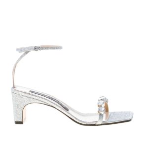 SERGIO ROSSI donna sandalo SR1 in tessuto glitter ARGENTO con cristalli. Tacco 6 cm