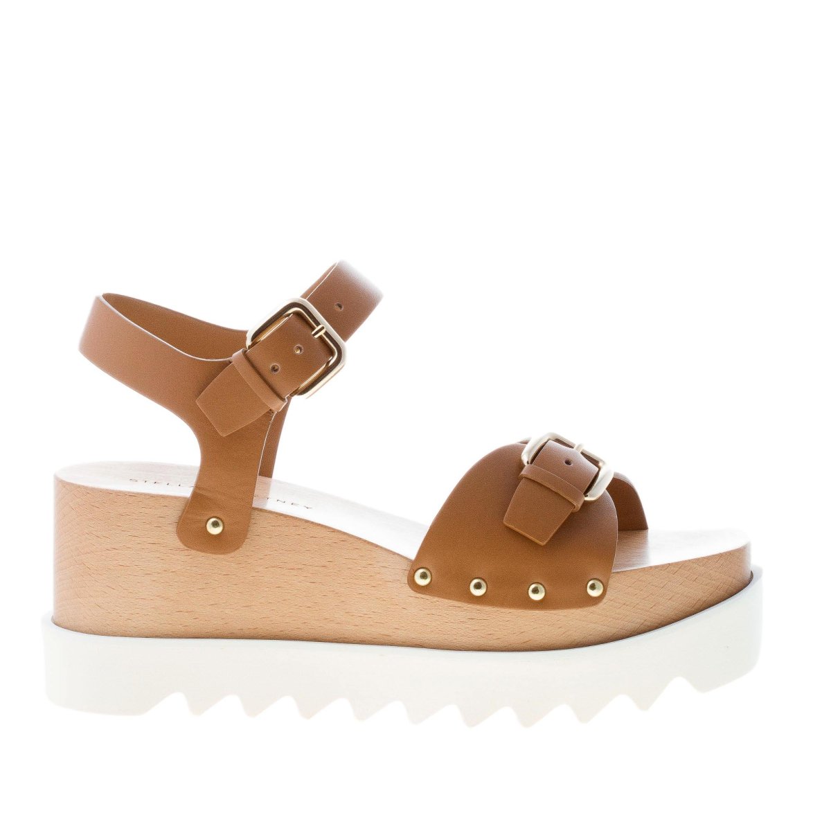 STELLA McCARTNEY donna sandalo Elyse in eco-pelle CUOIO con fibbie. Zeppa 8 cm