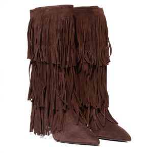 Stivali scamosciati marroni frange alti eleganti tacco