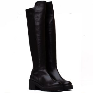 Stivale Sopra Ginocchio Pelle Nera Tacco Carrarmato Cervone