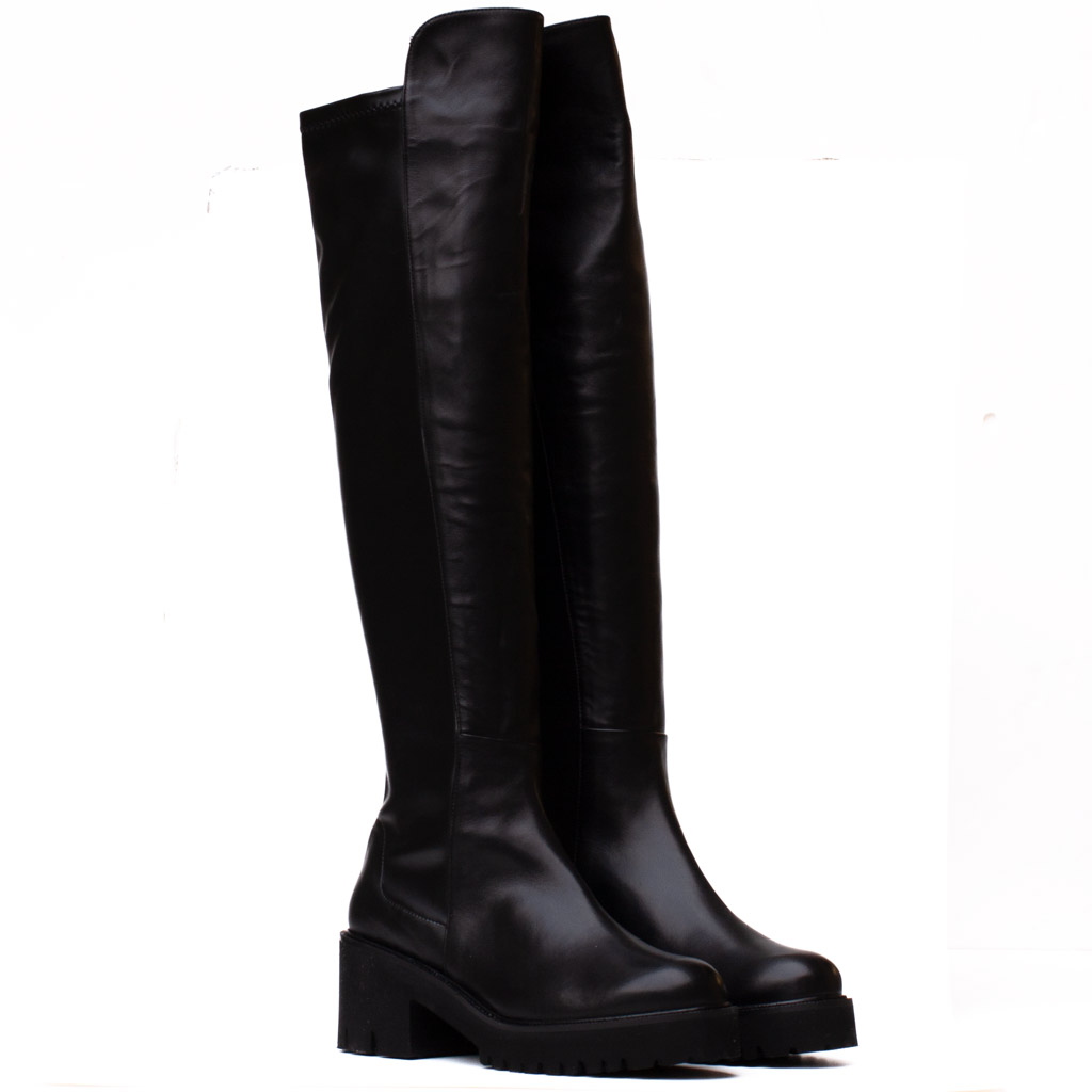 Stivale Sopra Ginocchio Pelle Nera Tacco Carrarmato Cervone - immagine 2