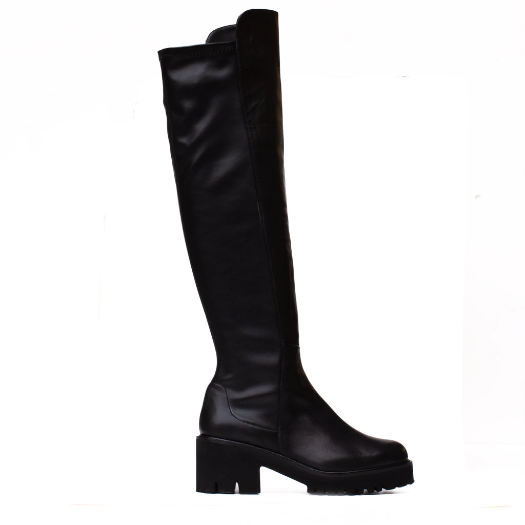 Stivale Sopra Ginocchio Pelle Nera Tacco Carrarmato Cervone - immagine 3