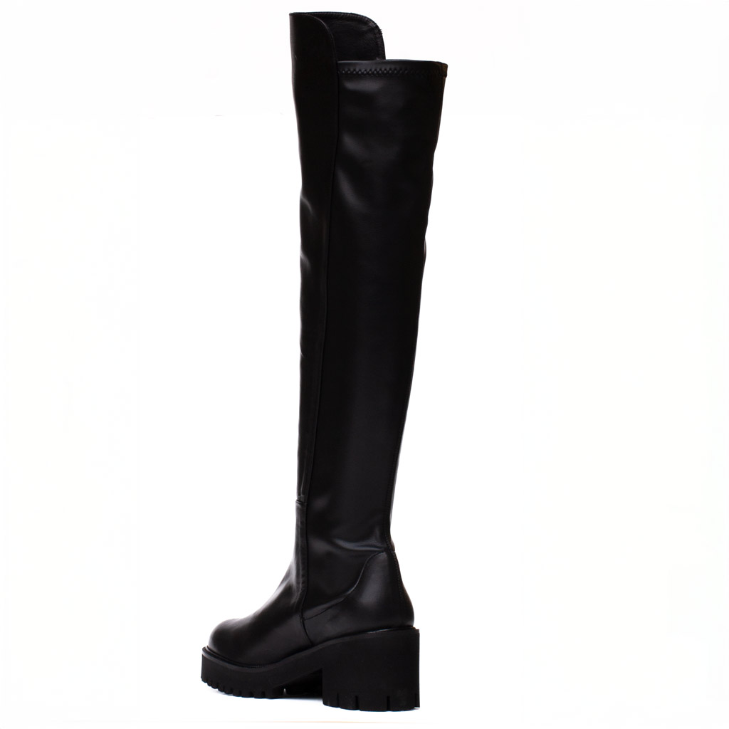 Stivale Sopra Ginocchio Pelle Nera Tacco Carrarmato Cervone - immagine 4