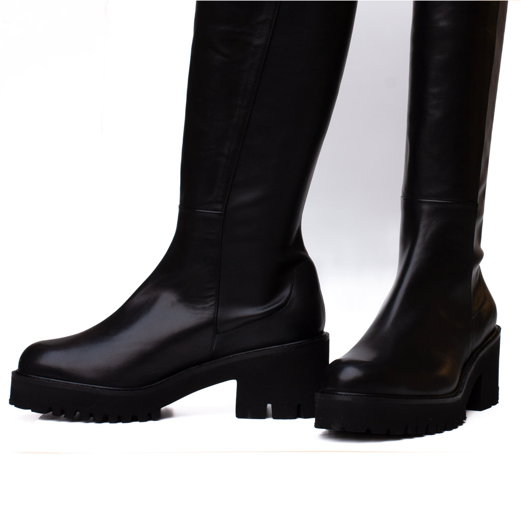 Stivale Sopra Ginocchio Pelle Nera Tacco Carrarmato Cervone - immagine 5