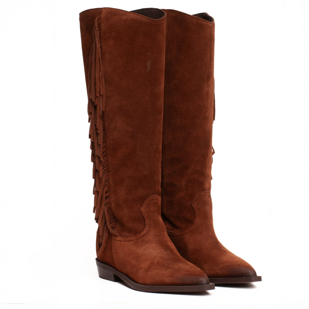 Stivale Texano Camoscio Tabacco Frange Zeppa Interna - immagine 3