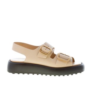 TOD’S donna sandalo in pelle BEIGE con doppia fibbia in metallo oro. Suola gomma