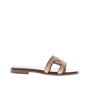 TOD’S donna sandalo ciabatta in camoscio SABBIA con fascia intrecciata a catena. Suola cuoio