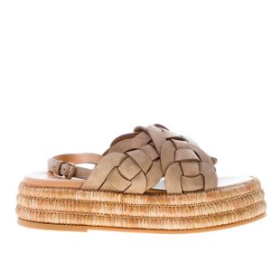 TOD’S donna sandalo zeppa in camoscio TABACCO CHIARO con fasce intrecciate e rafia. Zeppa 4,5 cm