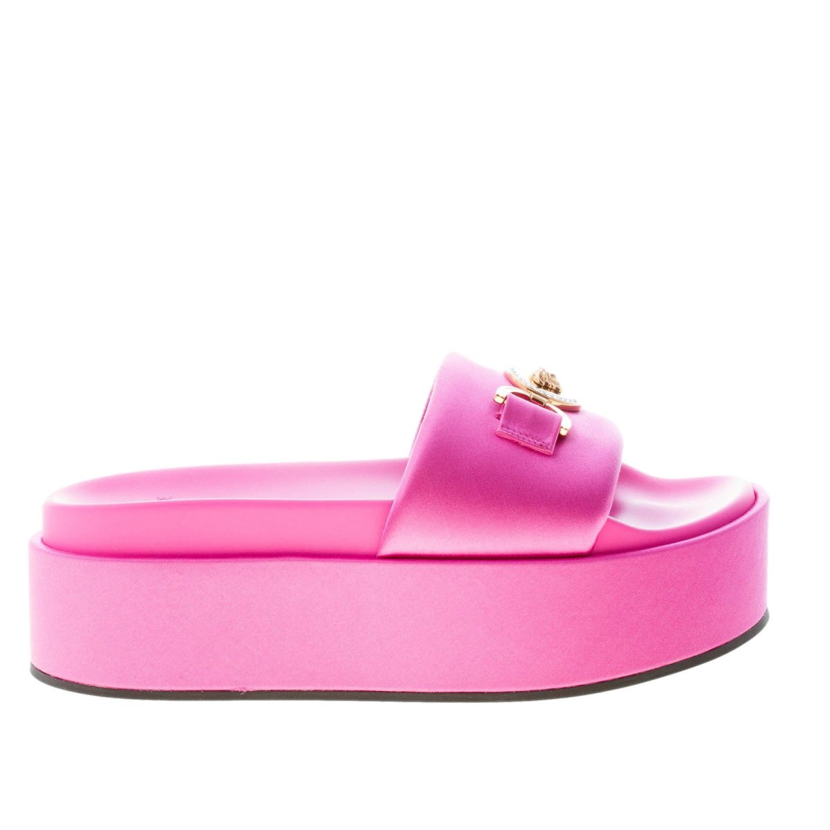 VERSACE sandalo platform slide in raso ROSA con emblema gioiello Medusa ’95. Zeppa 6 cm - immagine 2