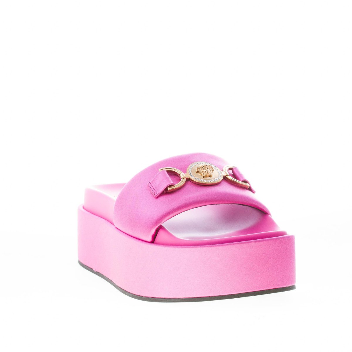VERSACE sandalo platform slide in raso ROSA con emblema gioiello Medusa ’95. Zeppa 6 cm - immagine 3