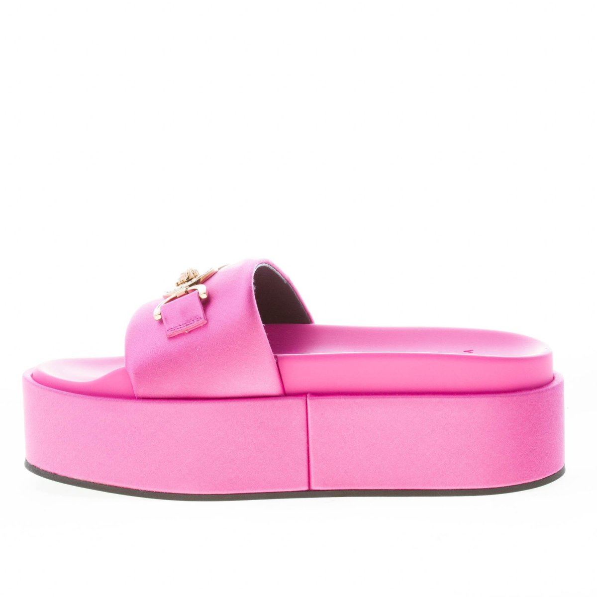 VERSACE sandalo platform slide in raso ROSA con emblema gioiello Medusa ’95. Zeppa 6 cm - immagine 6