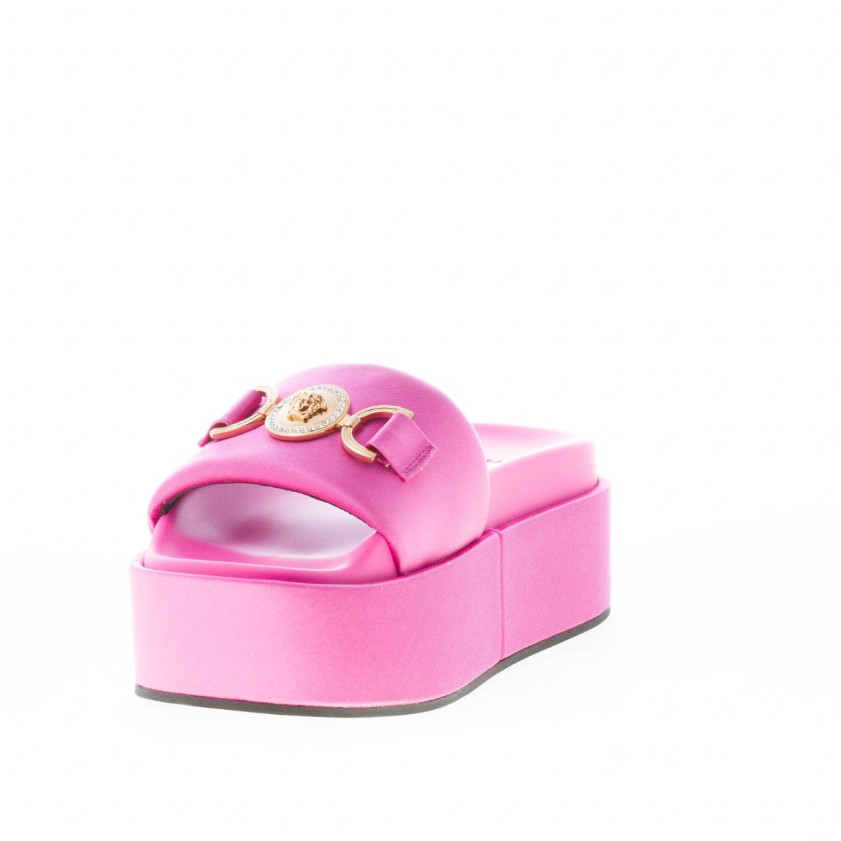 VERSACE sandalo platform slide in raso ROSA con emblema gioiello Medusa ’95. Zeppa 6 cm - immagine 7